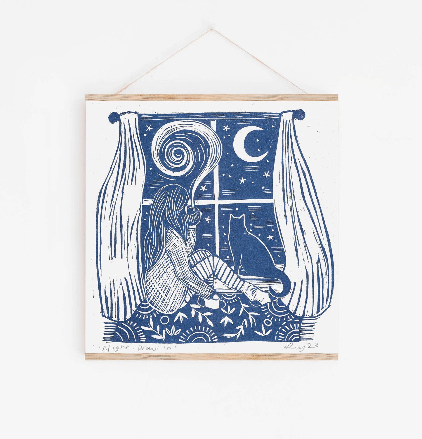 Night Draws In riso print, cat, winter, christmas, cosy art