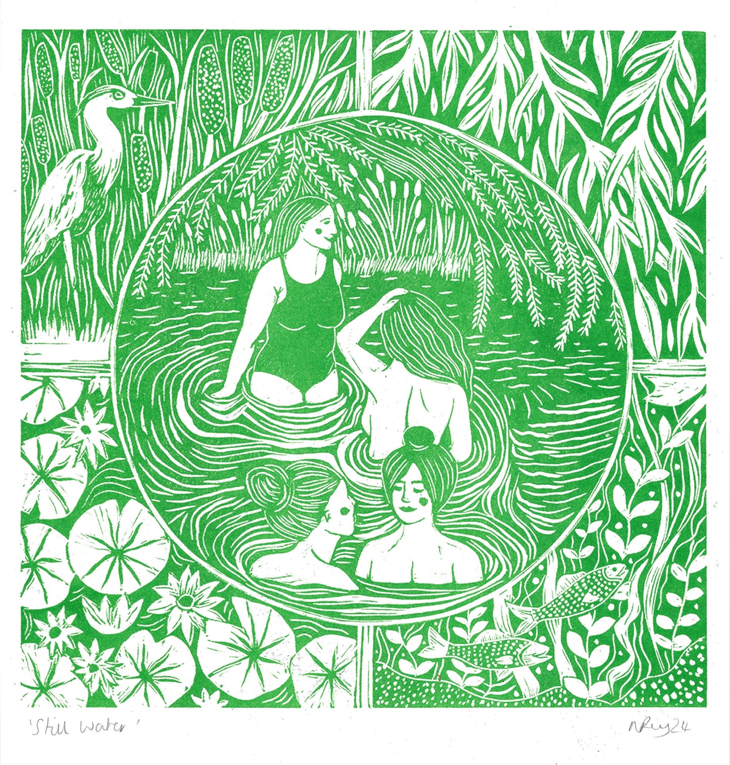 Still Water riso print, wild swim, rivers, nature, herons