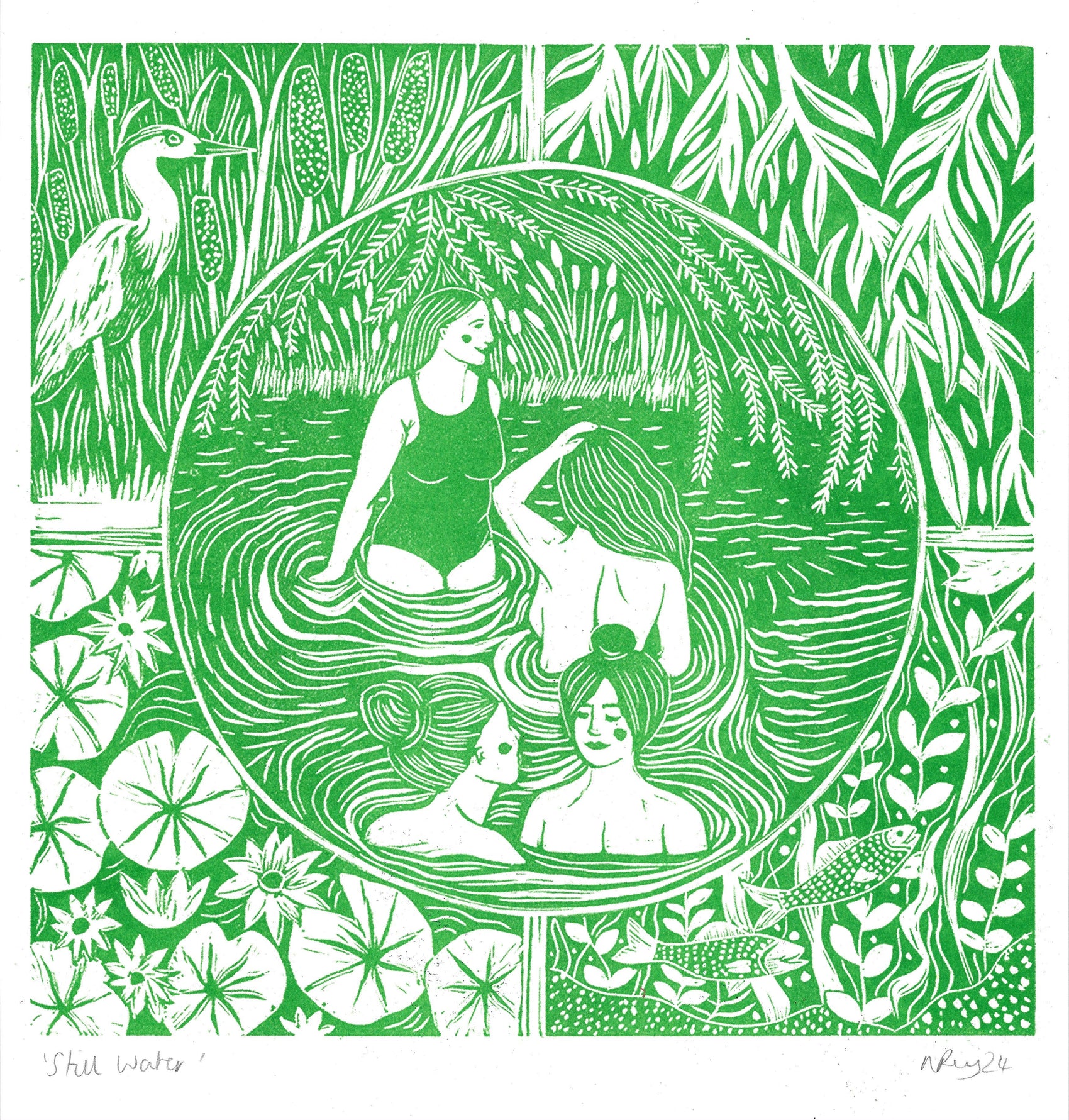 Still Water riso print, wild swim, rivers, nature, herons