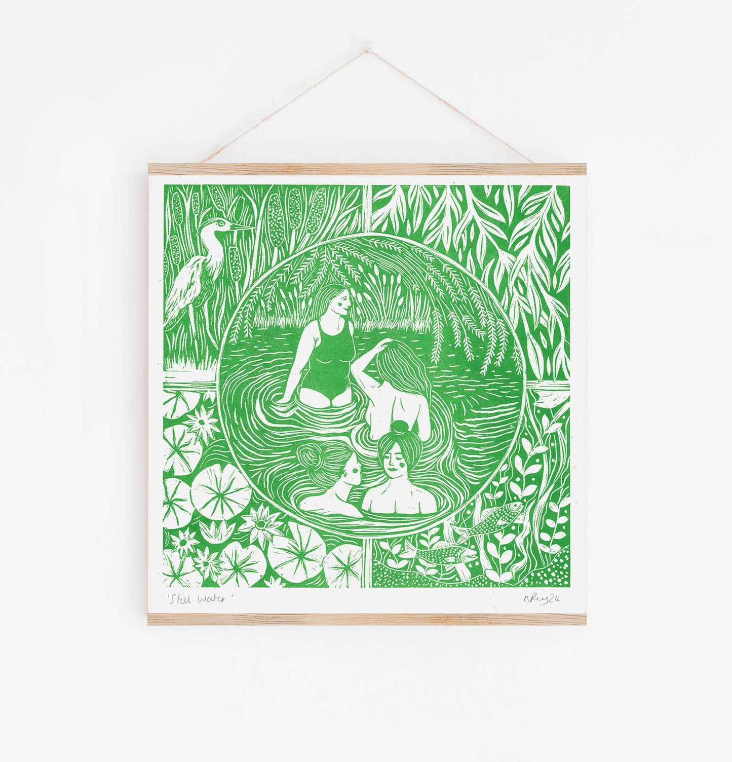 Still Water riso print, wild swim, rivers, nature, herons