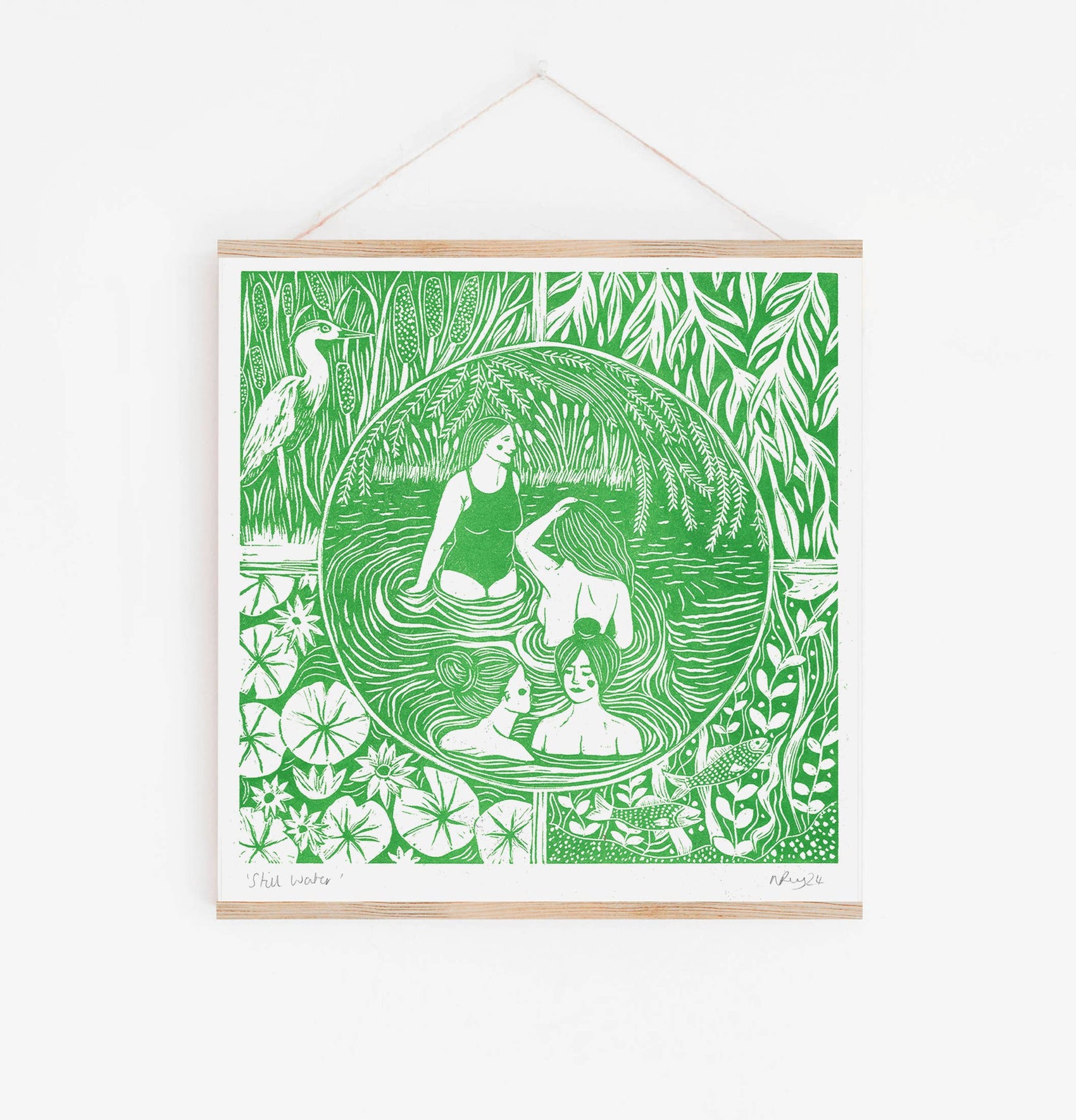 Still Water riso print, wild swim, rivers, nature, herons