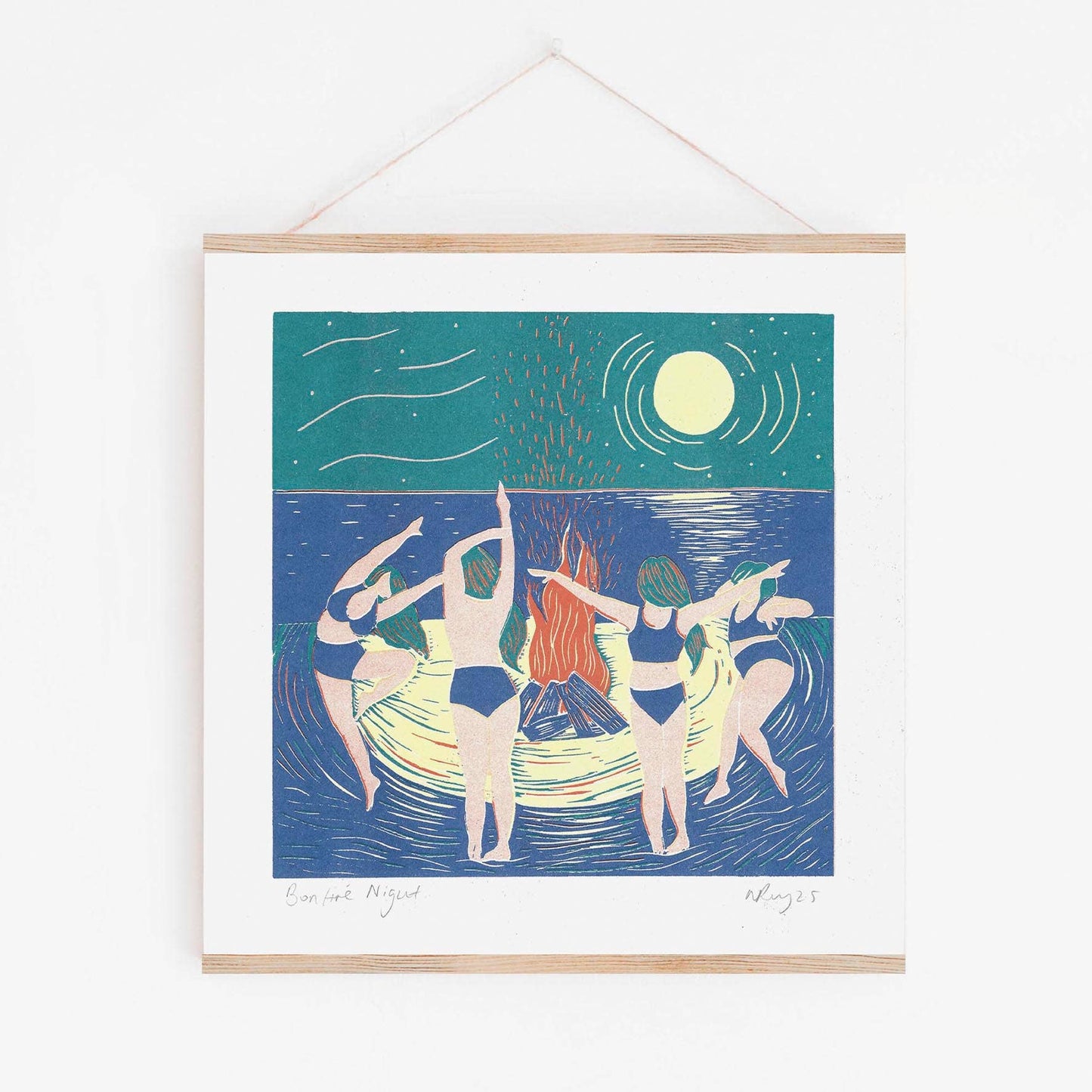 Bonfire Night riso, witchy, friends, beach, moon, dance