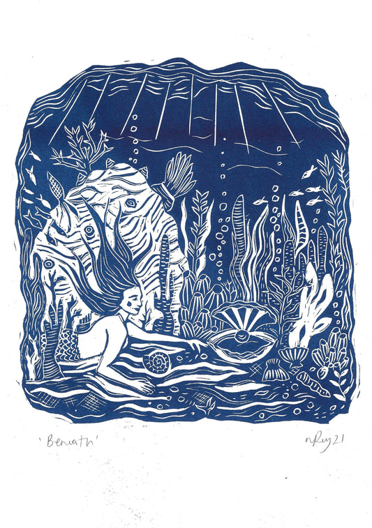 'Beneath' riso print, mermaid art, folklore, under the sea