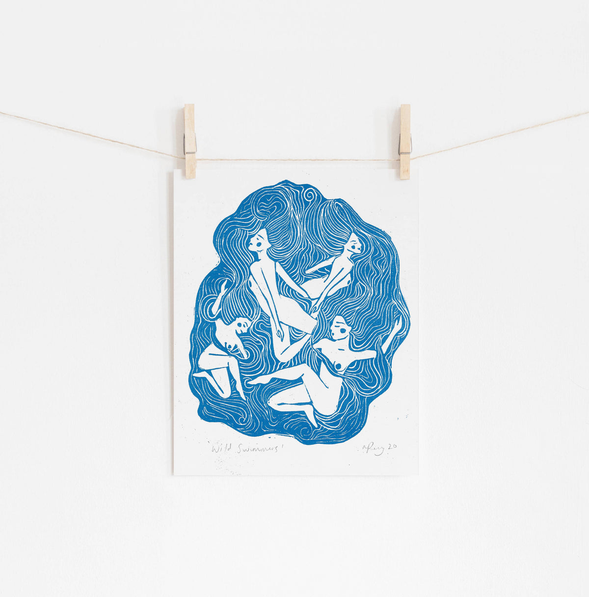 Wild Swimmers riso print, women, friends, sea, ocean