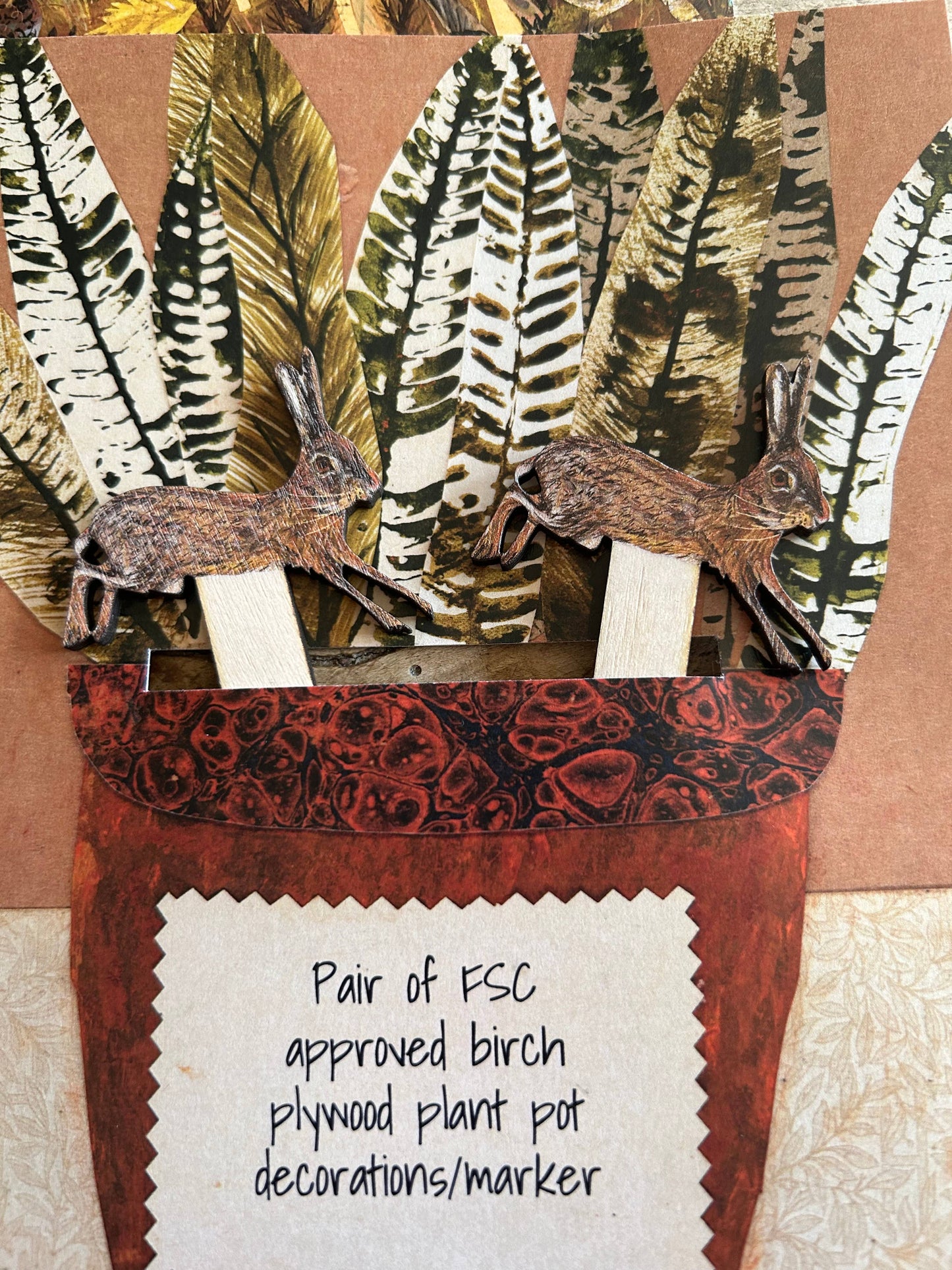 Pair of birch plywood Hare pot decorations/marker 
