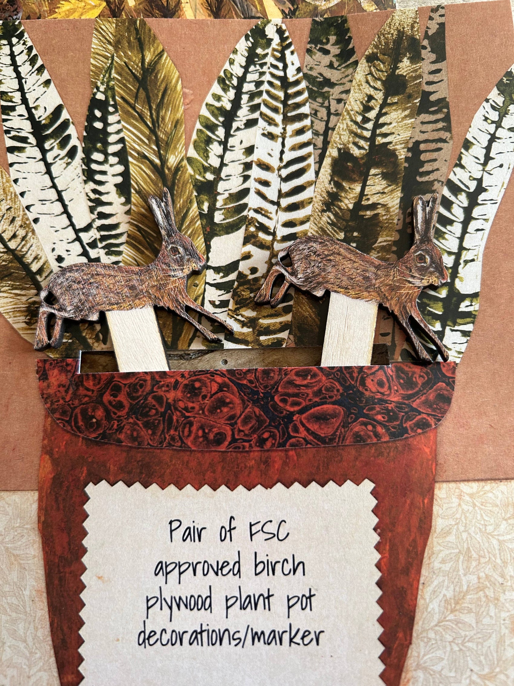 Pair of birch plywood Hare pot decorations/marker 