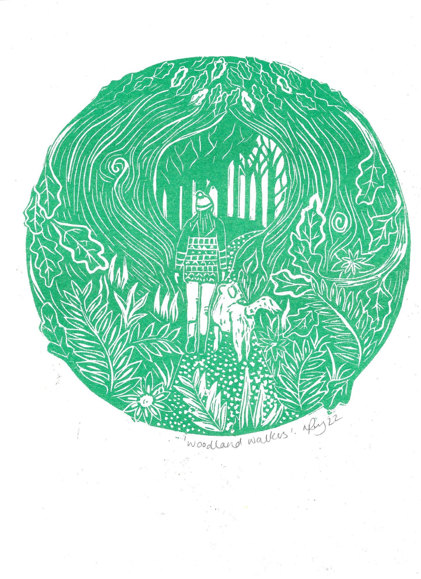 Woodland Walkers riso print, hiking, dog, forest, winter