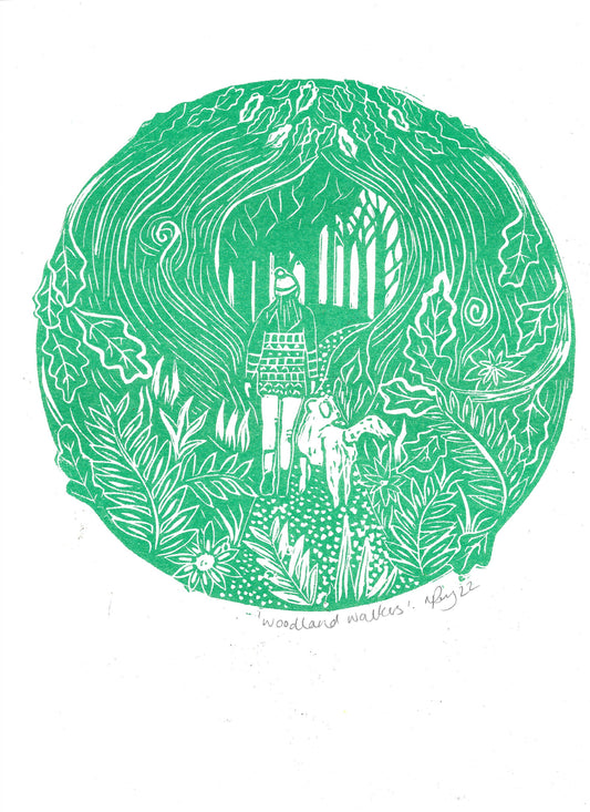 Woodland Walkers riso print, hiking, dog, forest, winter