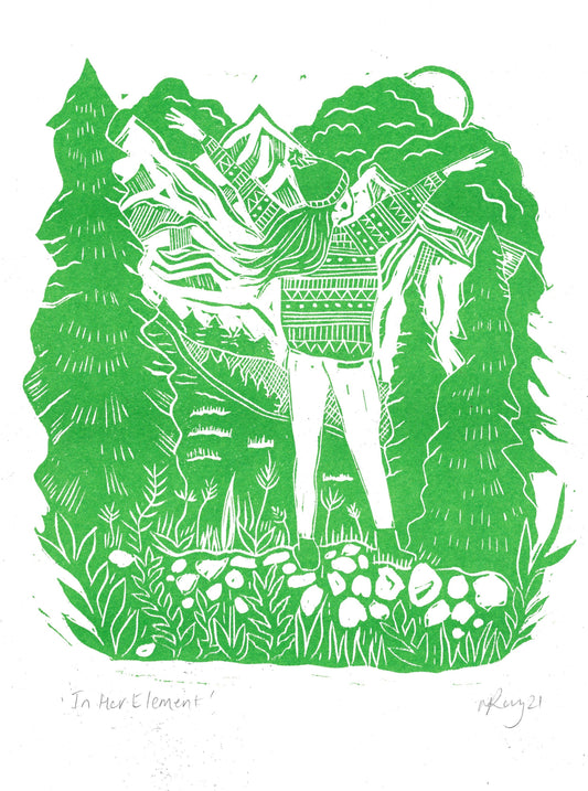 In Her Element risoprint, hiking art, walking, nature, woods