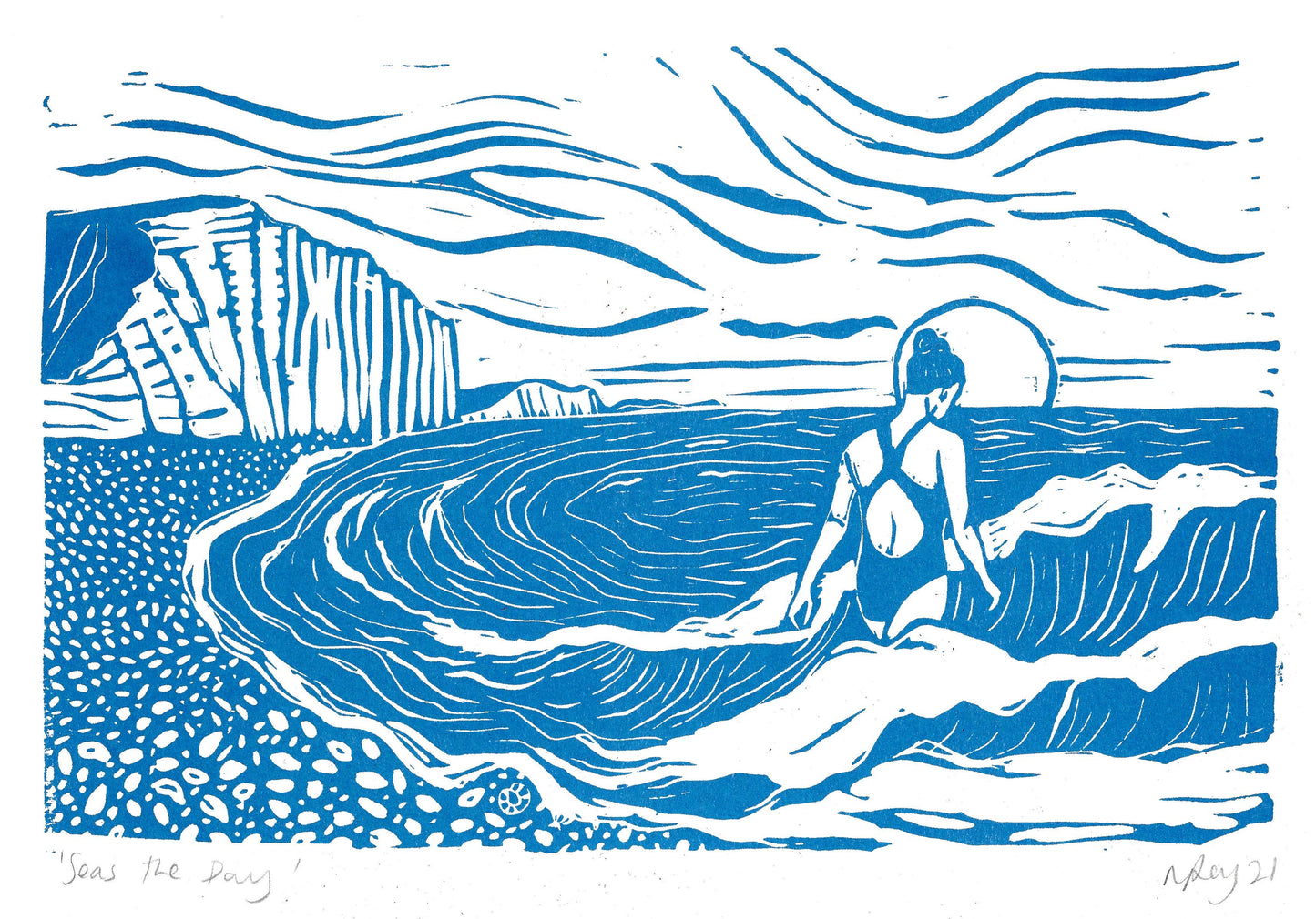 Seas the Day print, swimmer, woman, sea, waves, seaside