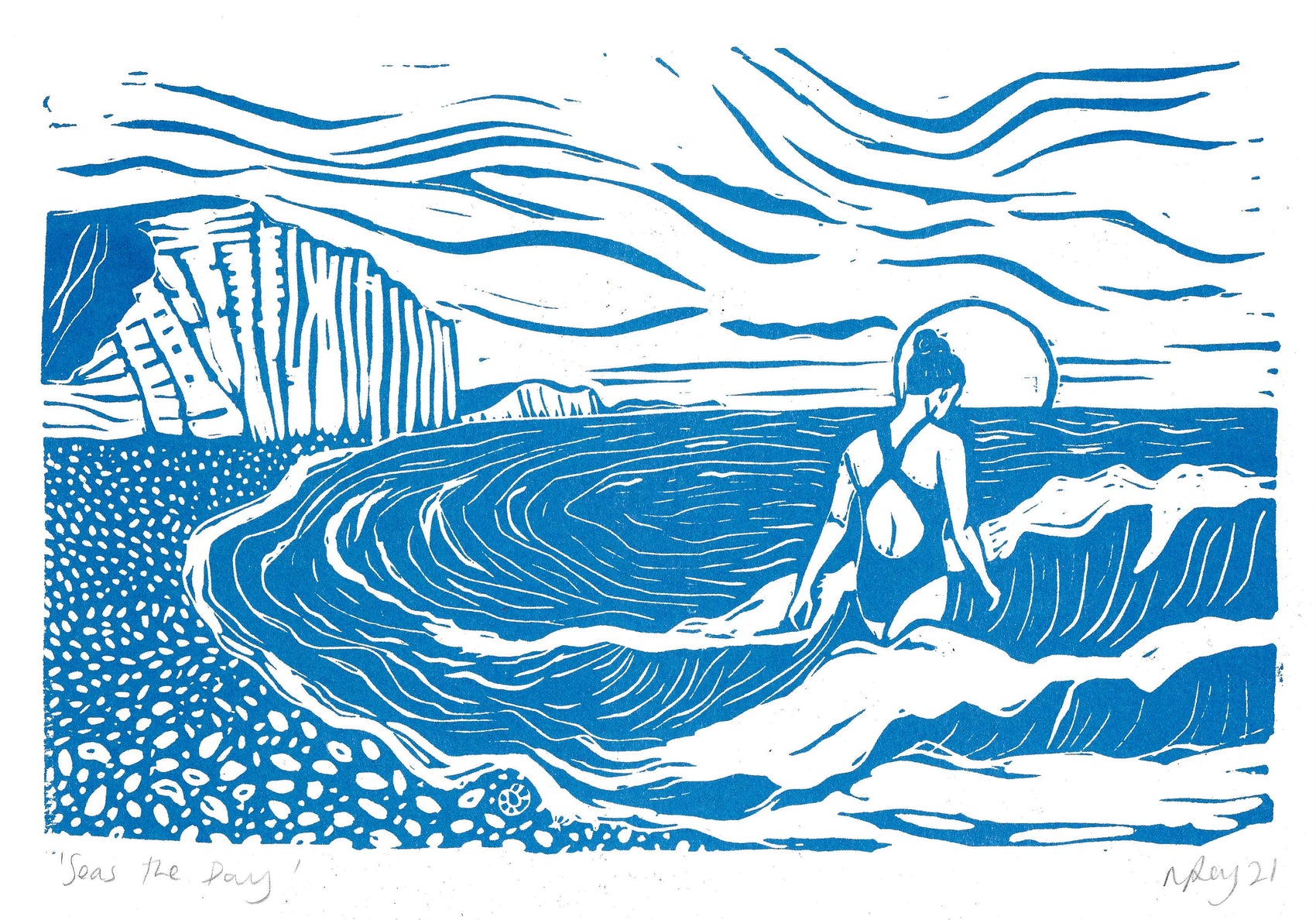 Seas the Day print, swimmer, woman, sea, waves, seaside