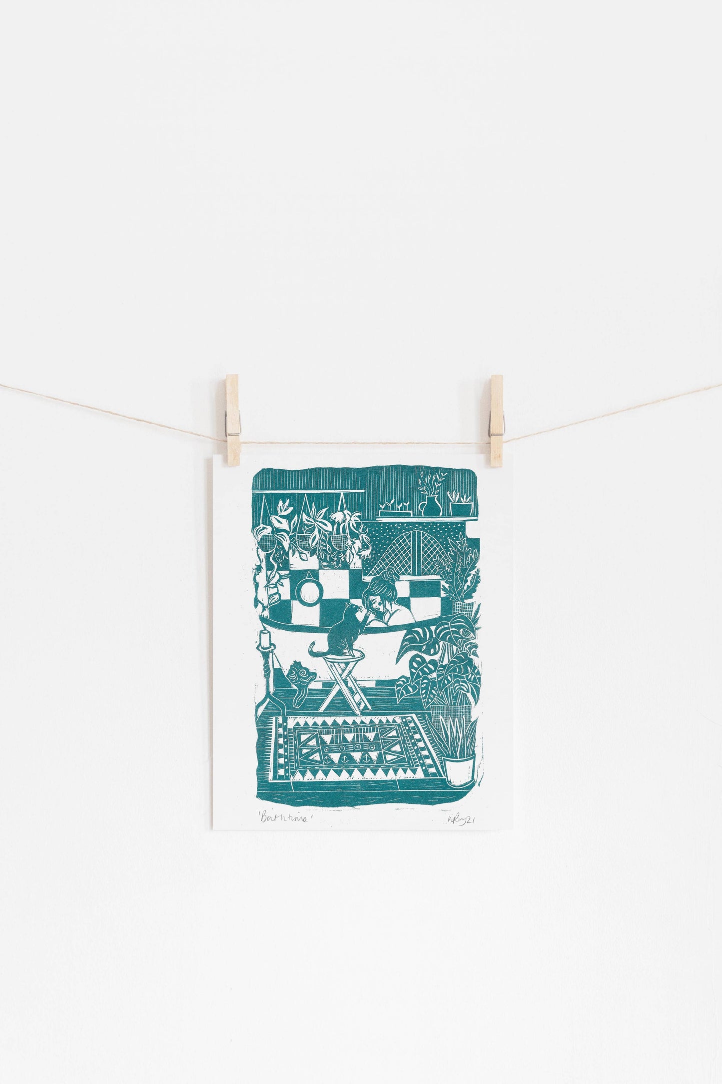 Bathtime riso print, bathroom art, cat print, boho interiors