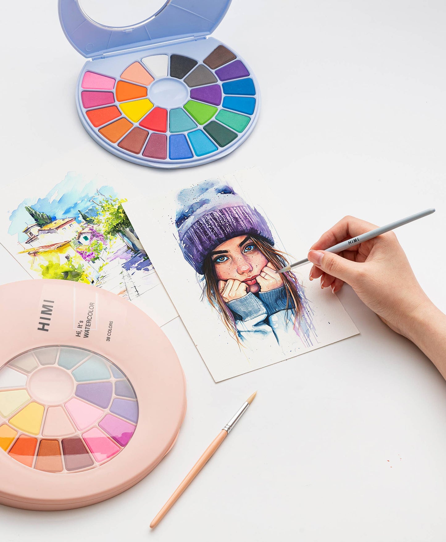 HIMI Solid Watercolour Set 24 Colours In Pans + Brush, Blue