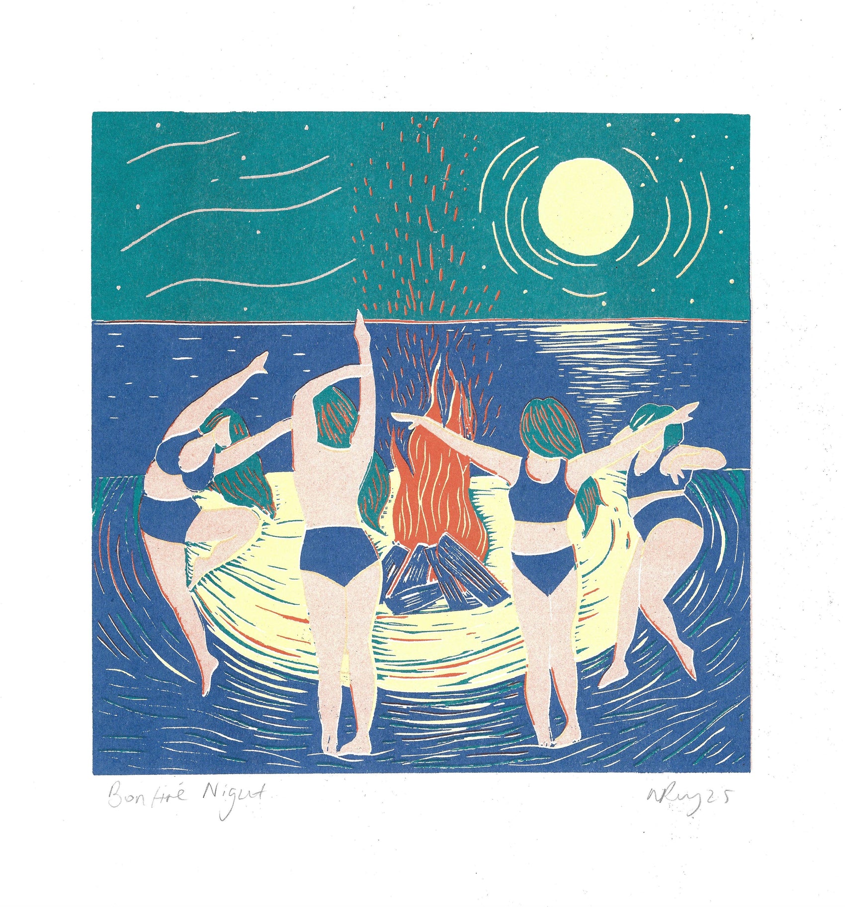 Bonfire Night riso, witchy, friends, beach, moon, dance