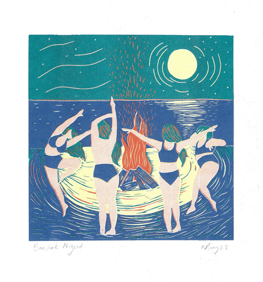 Bonfire Night riso, witchy, friends, beach, moon, dance