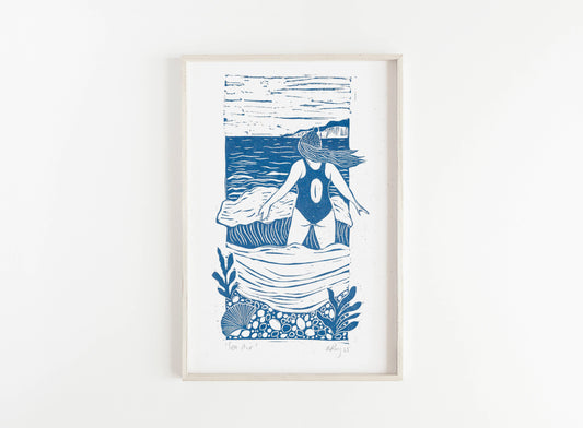 Sea Air riso print, swimmer, sea swim, windy, nature, woman