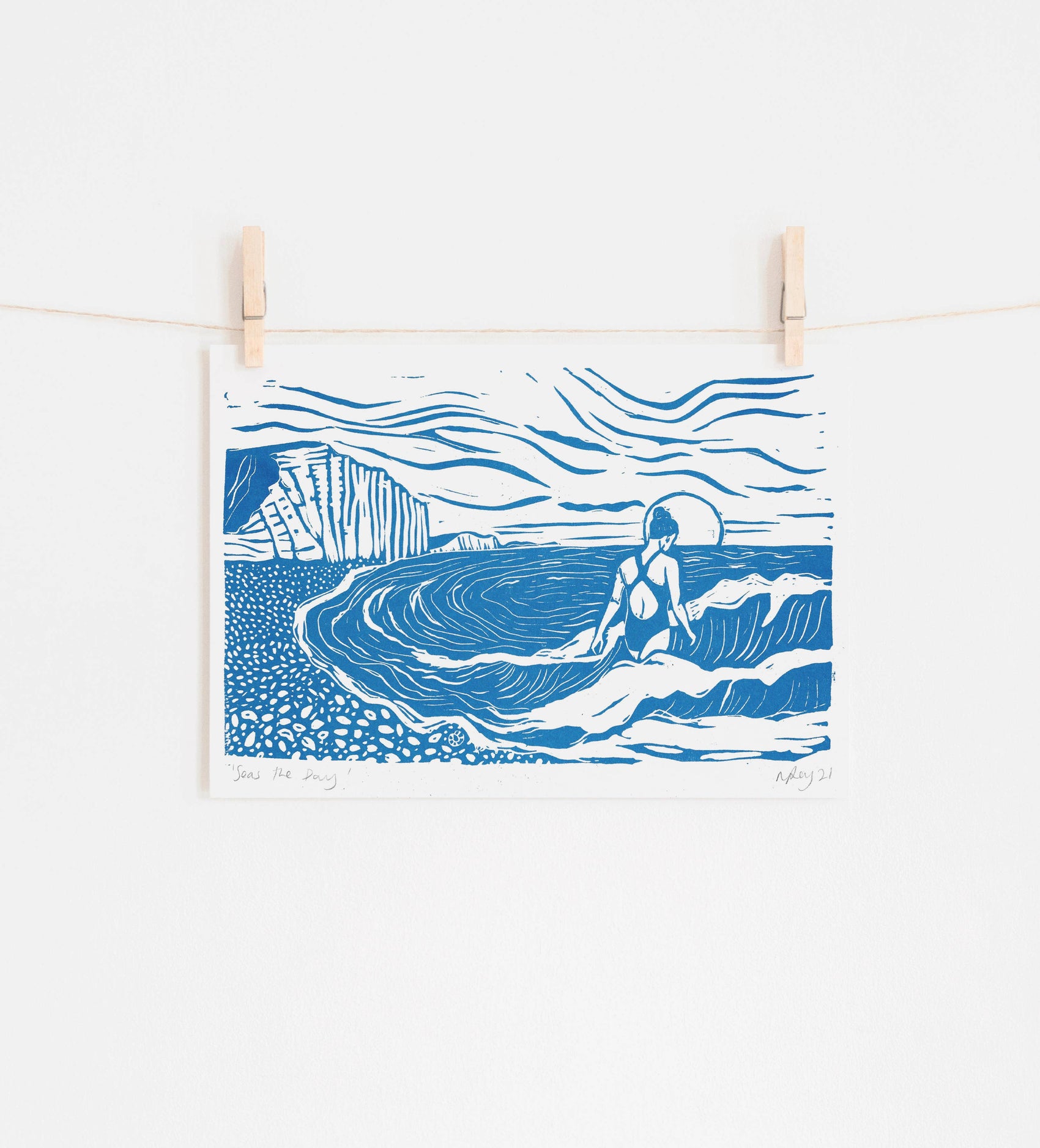 Seas the Day print, swimmer, woman, sea, waves, seaside
