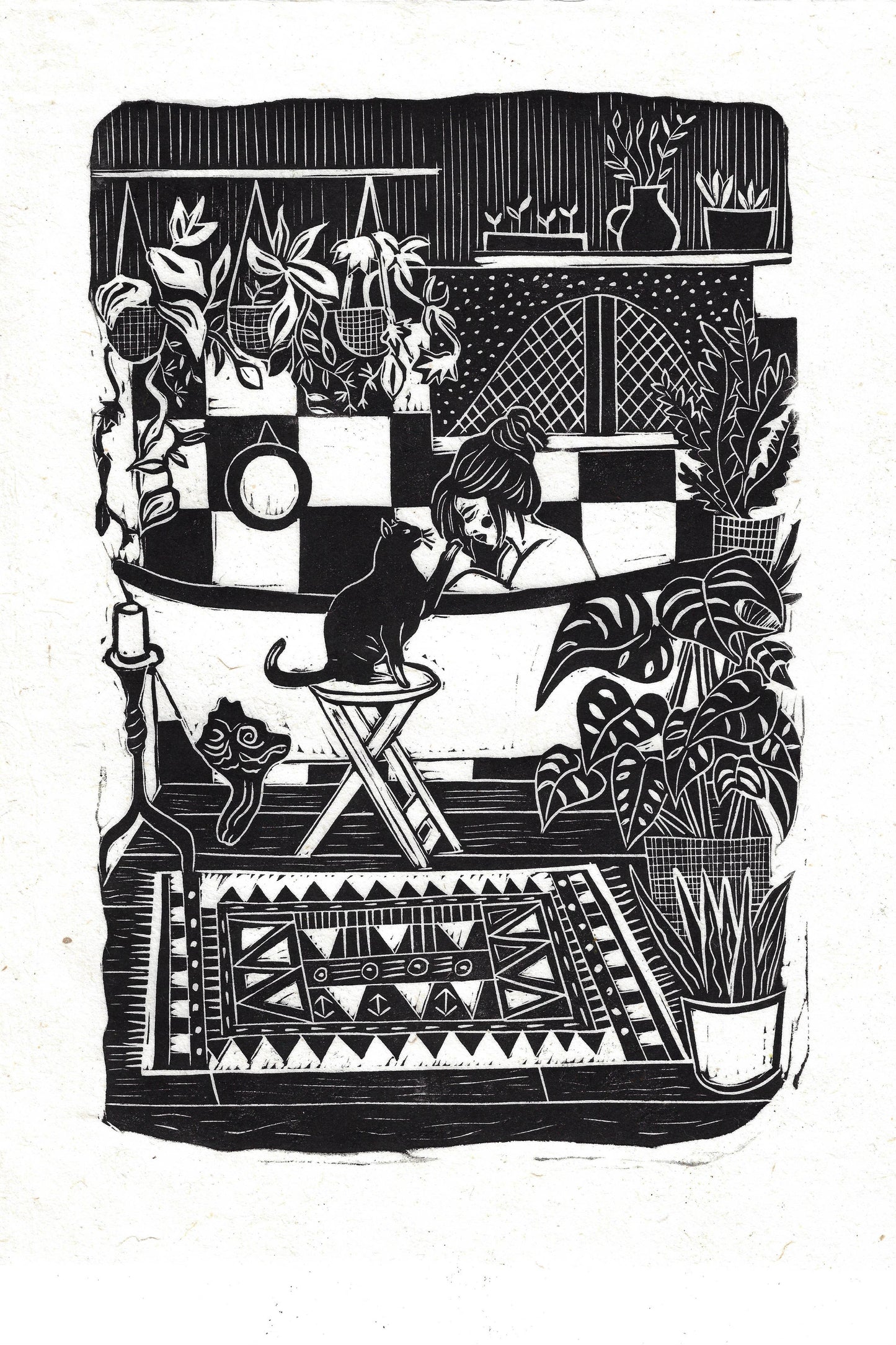 Cosy Home Greeting Card- Woman in Bath with Cat and Plants