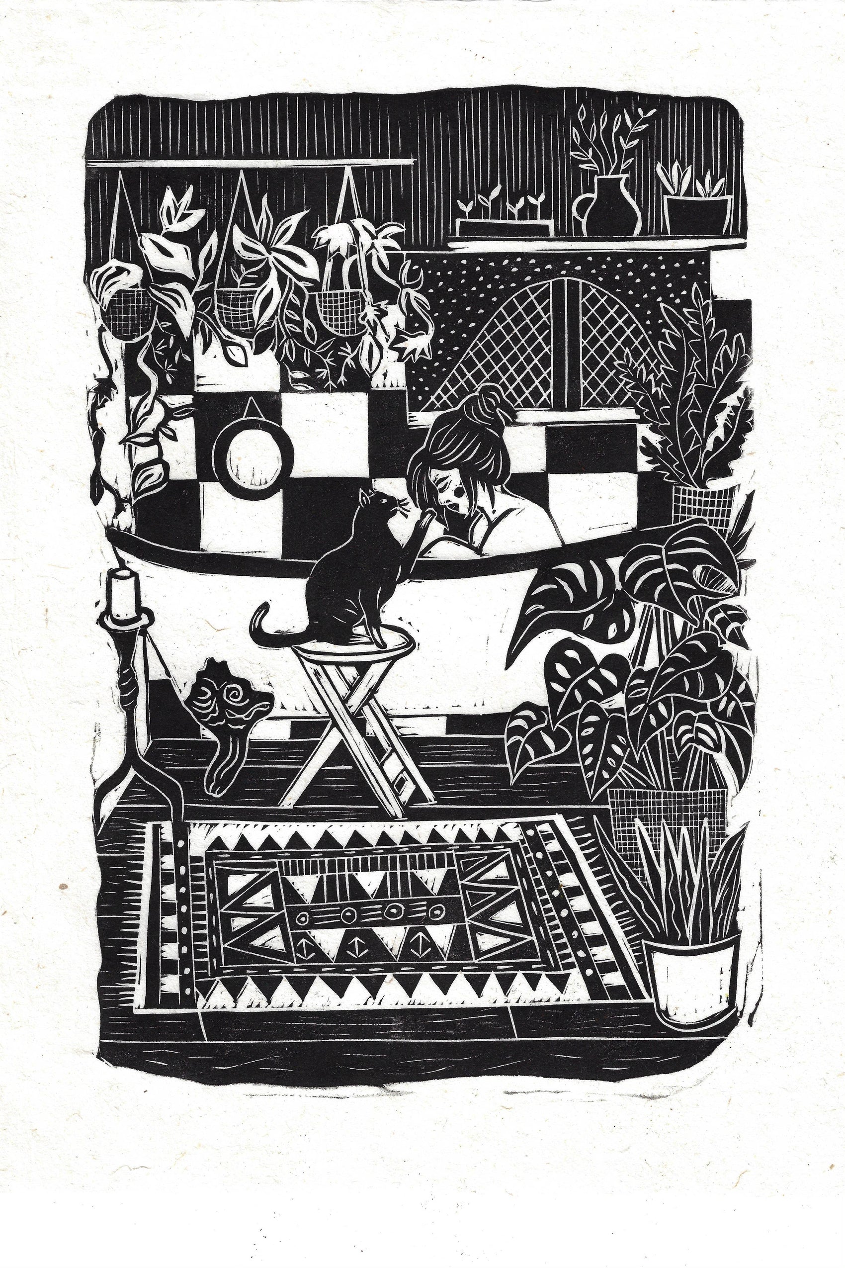 Cosy Home Greeting Card- Woman in Bath with Cat and Plants