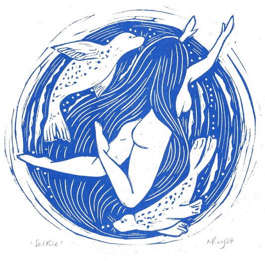 Selkie riso print, folklore, celtic, swimming, myths, seals