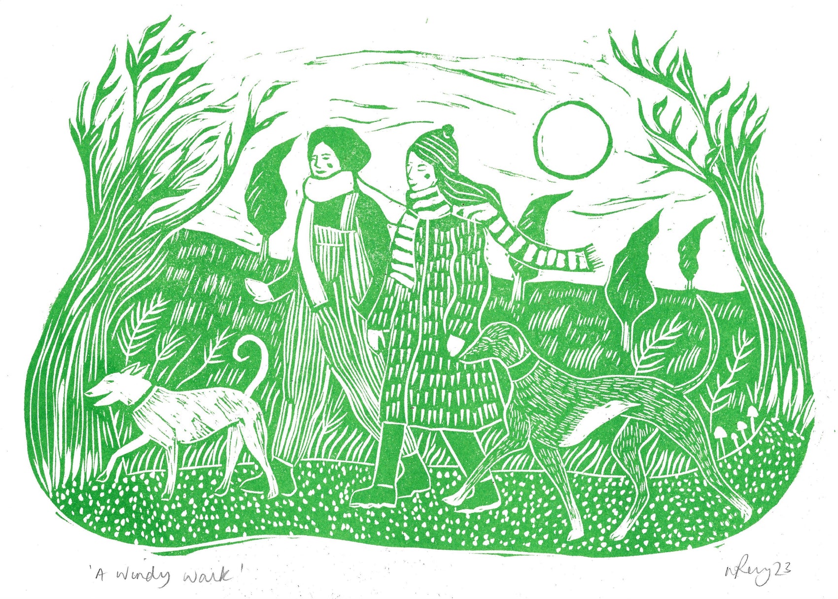 'A Windy Walk' riso print, dog art, autumn dog walk scene