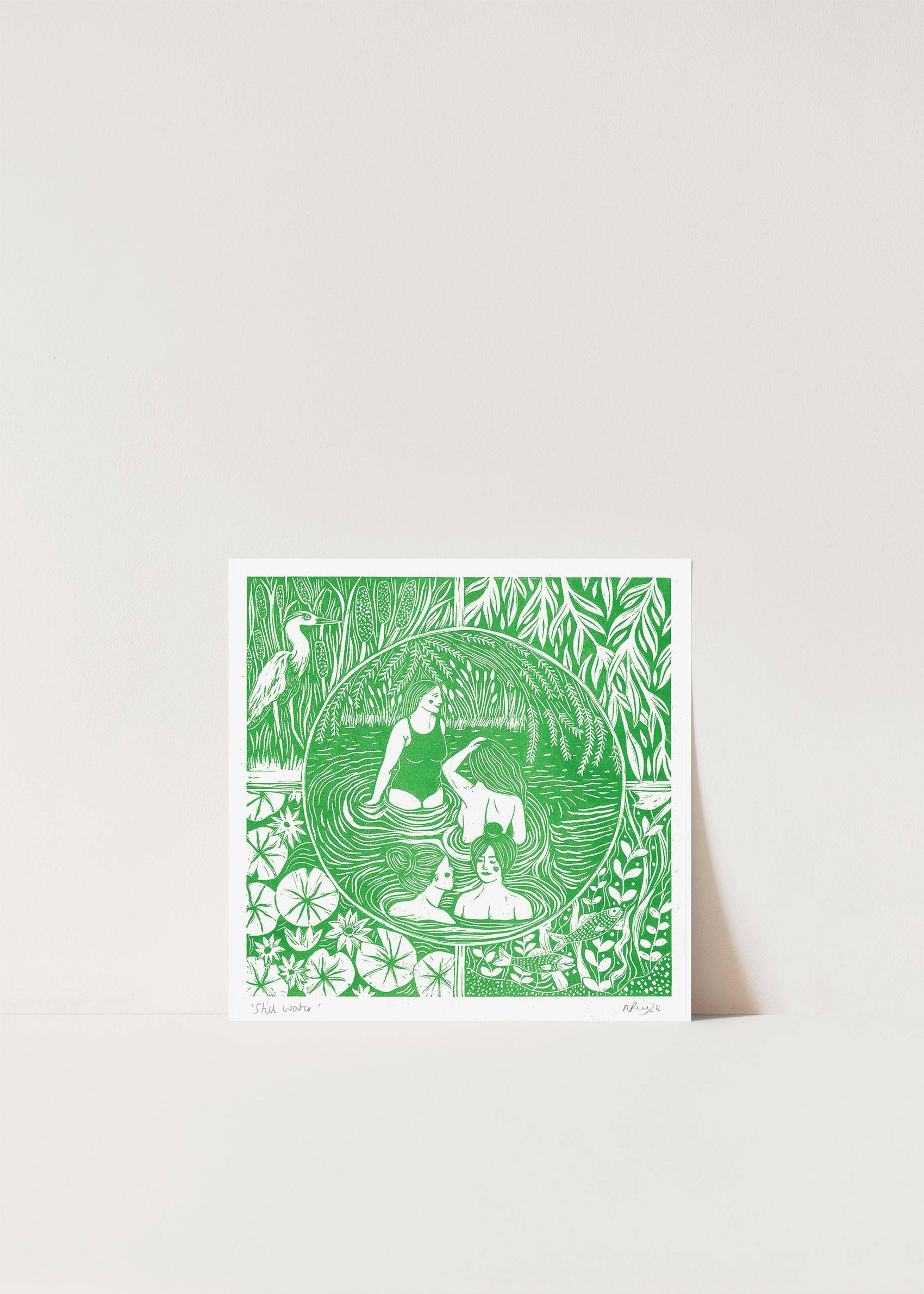 Still Water riso print, wild swim, rivers, nature, herons