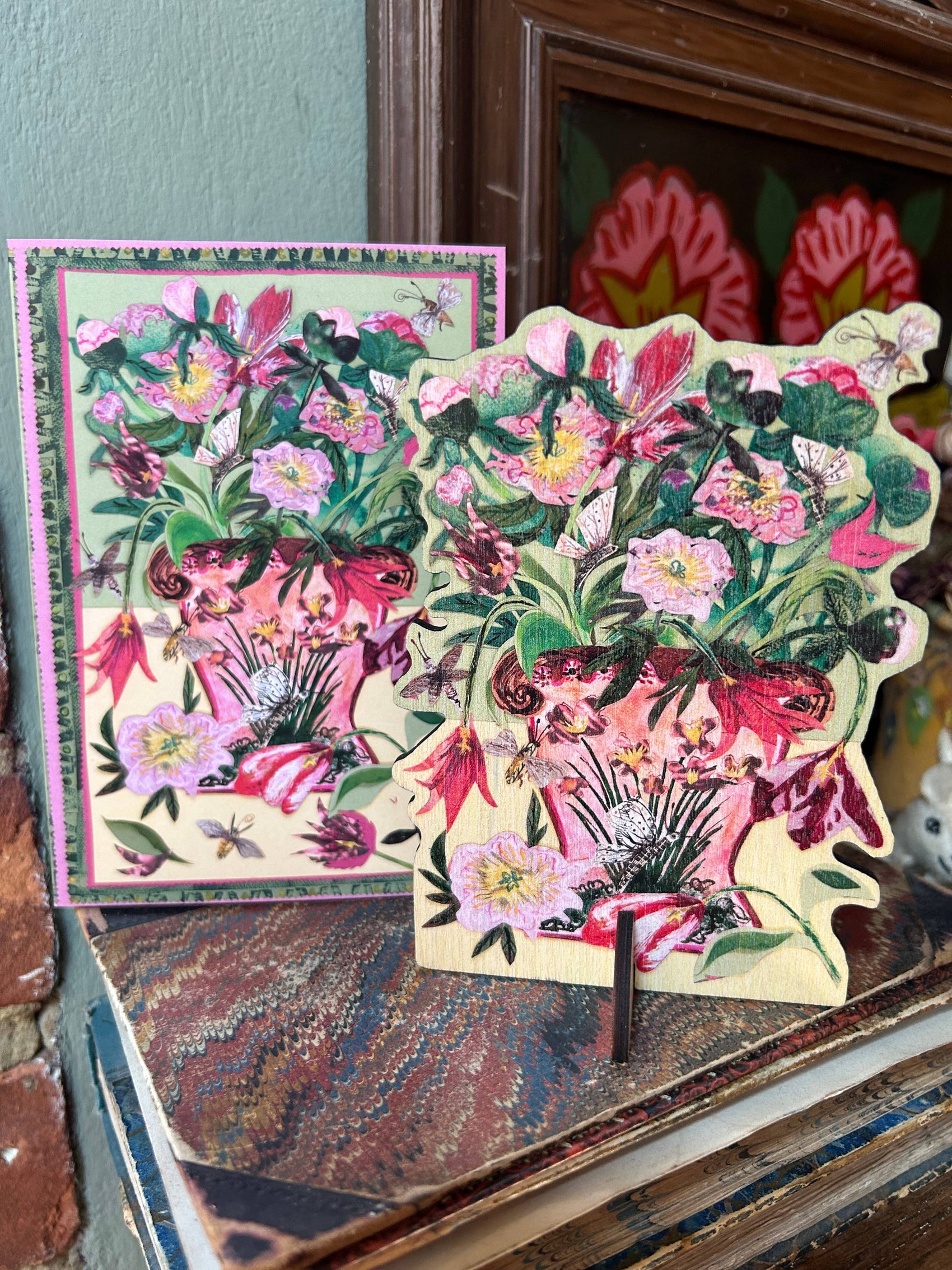Tulips & Peonies laser cut birch plywood keepsake & card 