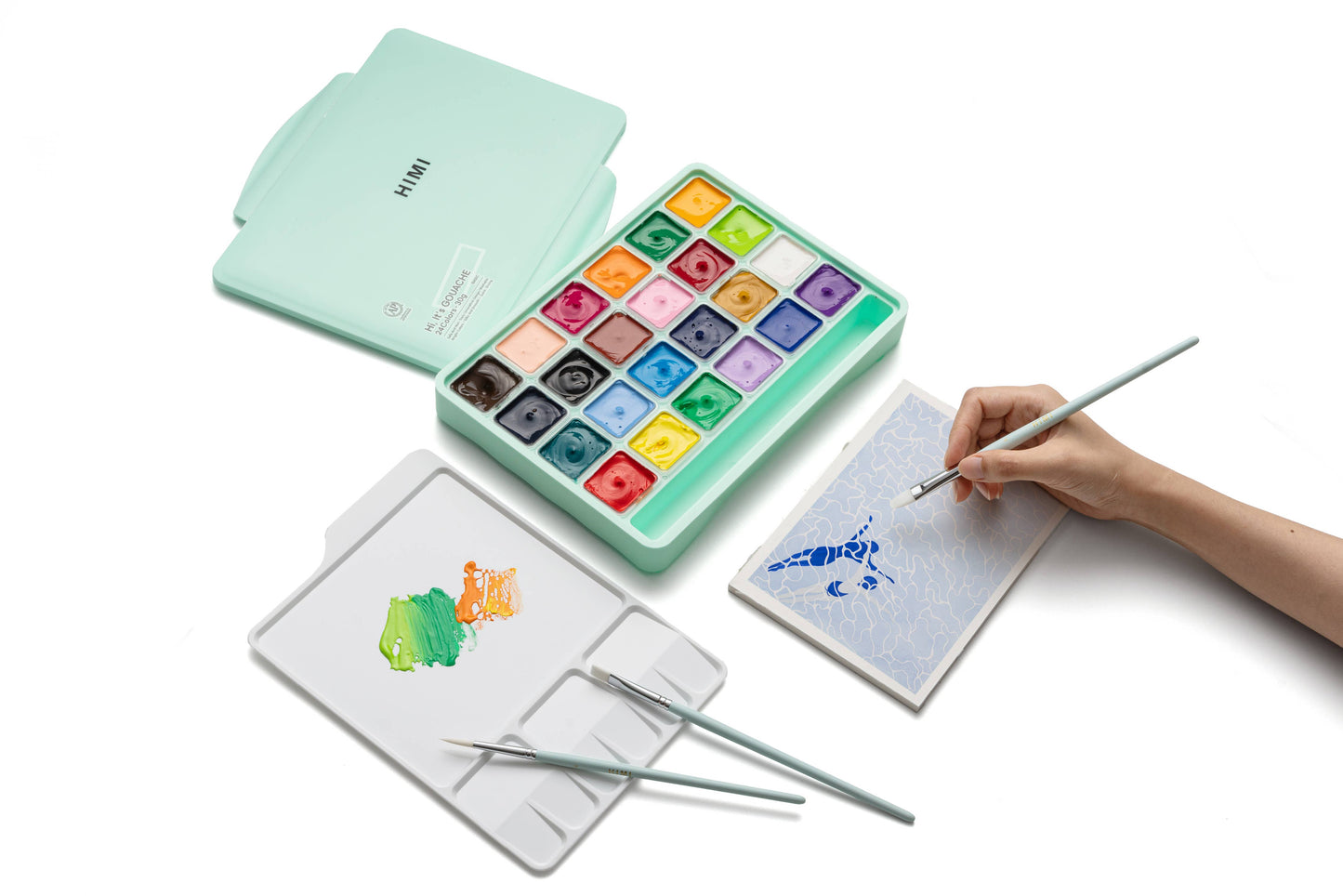 HIMI Jelly Cup Gouache Set 24 Paint Colours, 3 Brushes Green