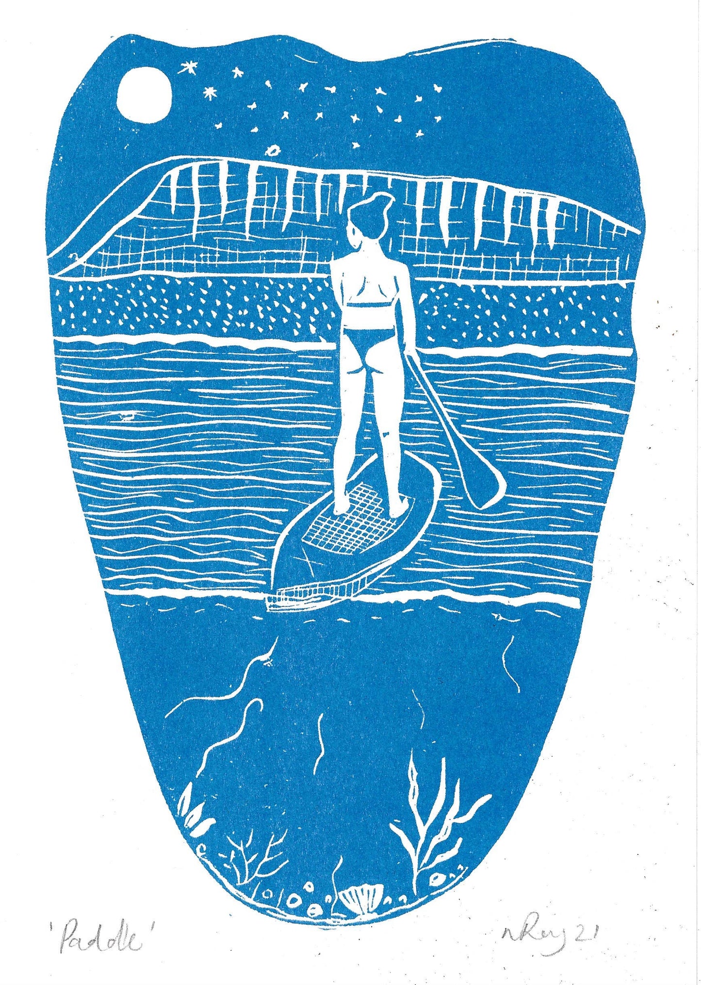 Paddle riso print, paddleboard, water, sea, beach, ocean