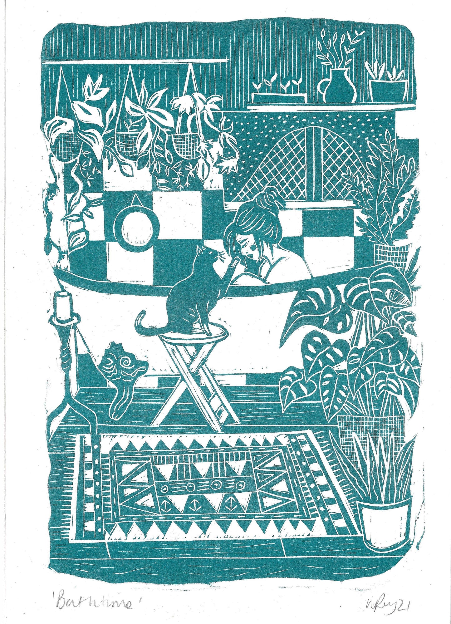 Bathtime riso print, bathroom art, cat print, boho interiors