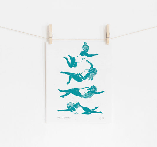 Different Strokes riso print, swimming, wild swimming art