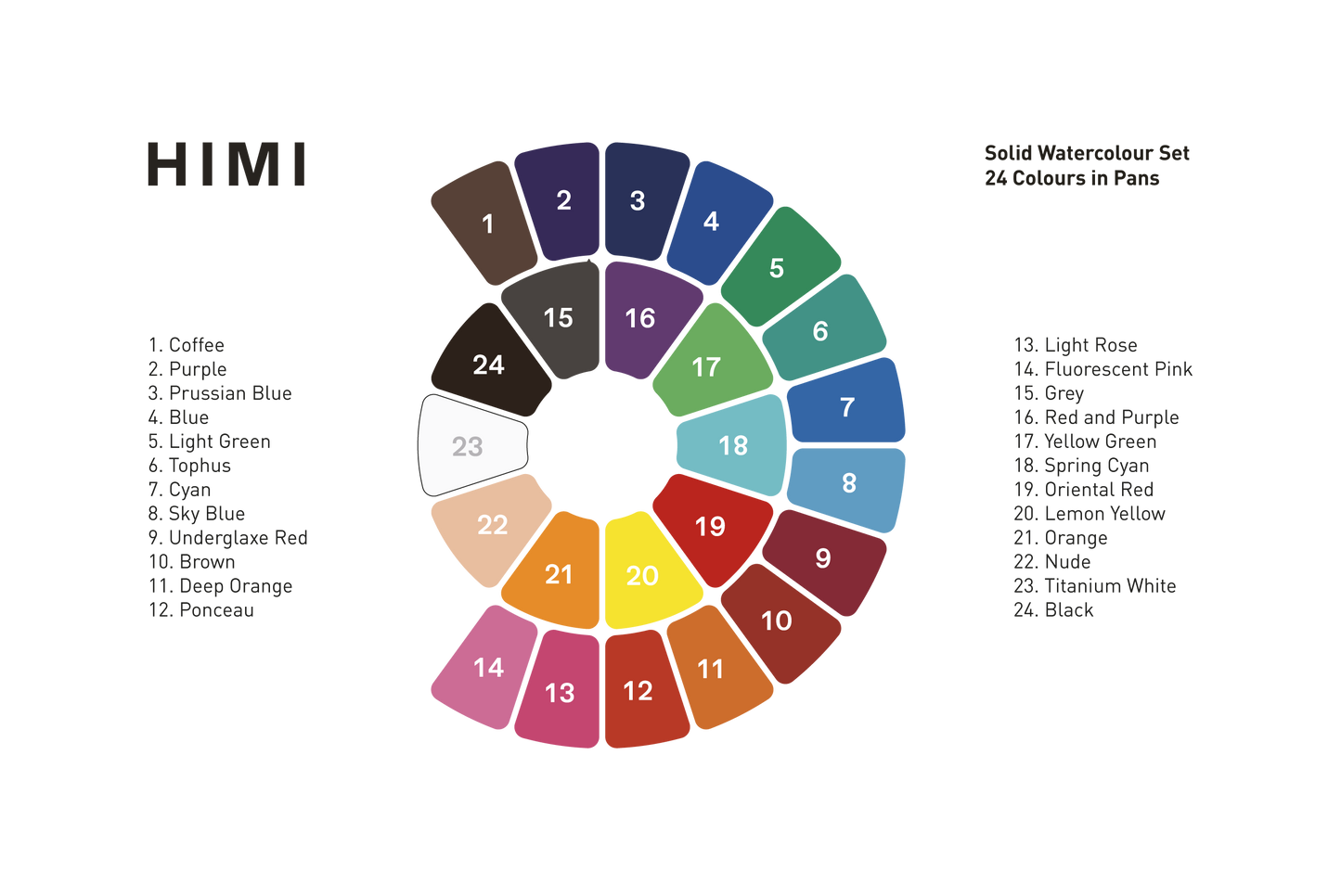 HIMI Solid Watercolour Set 24 Colours In Pans + Brush, Blue