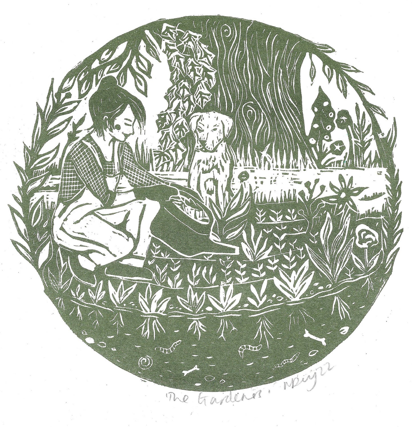 The Gardeners riso print, gardening, dog art, garden, nature