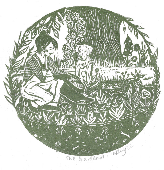 The Gardeners riso print, gardening, dog art, garden, nature