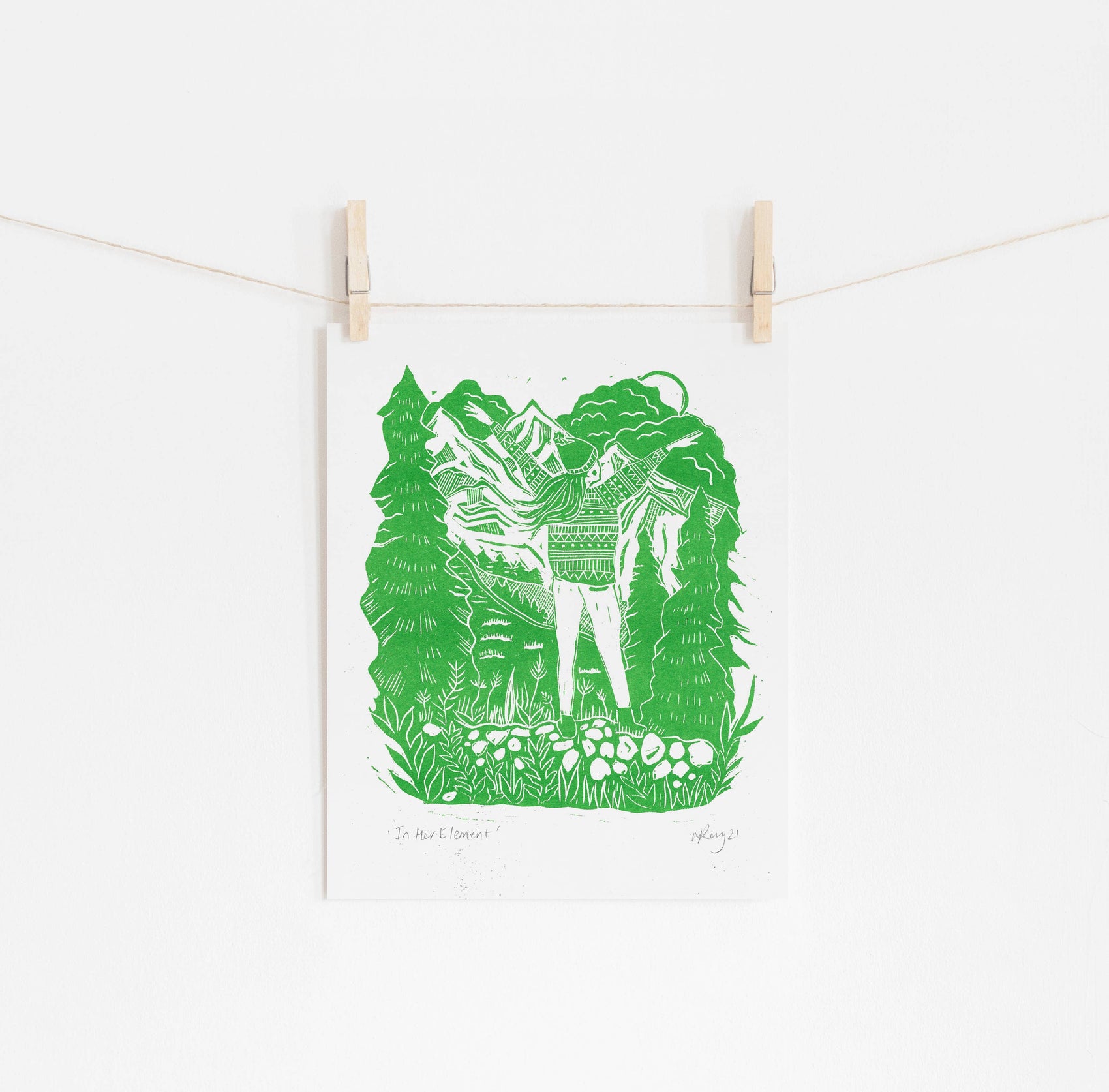In Her Element risoprint, hiking art, walking, nature, woods