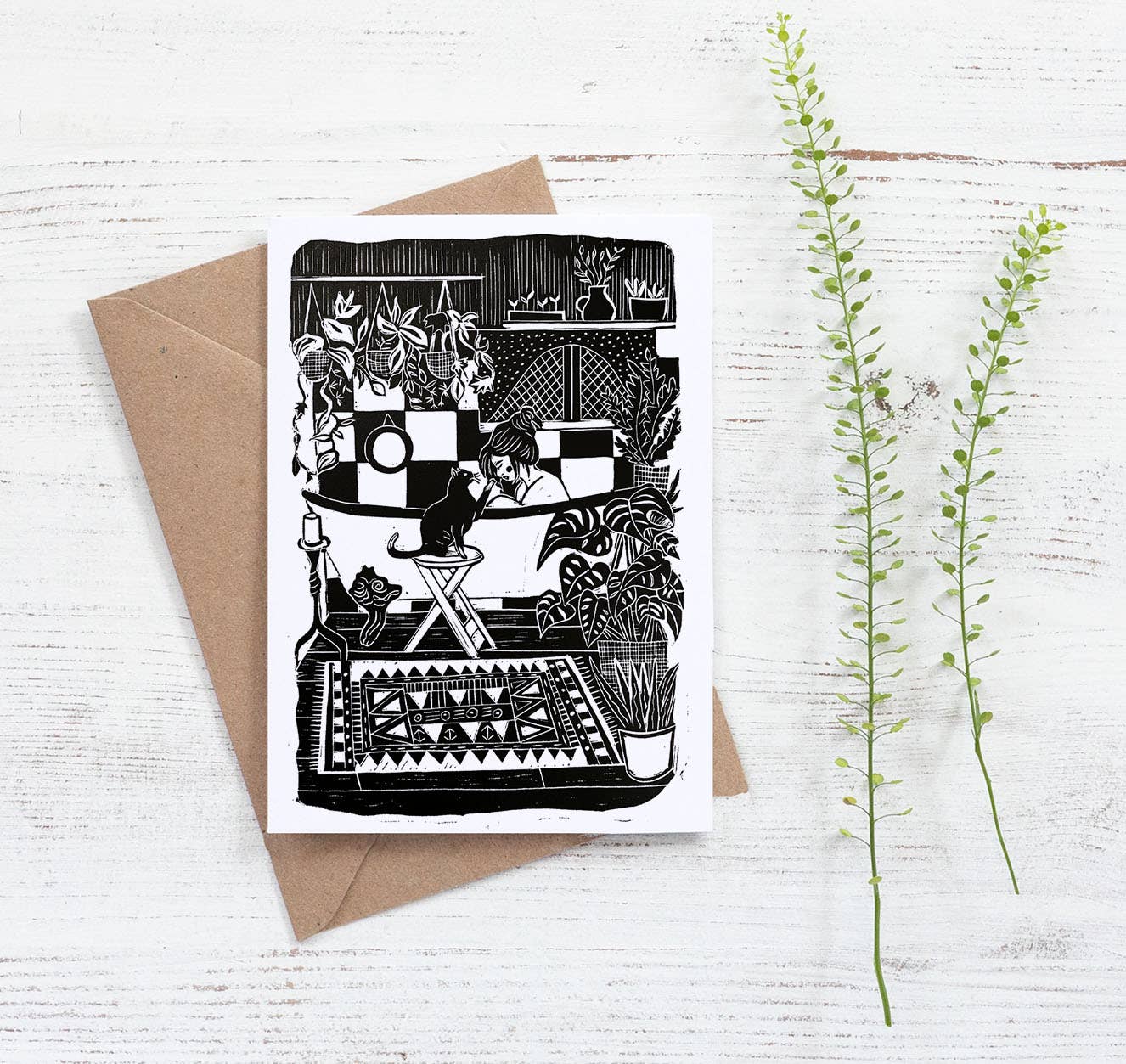 Cosy Home Greeting Card- Woman in Bath with Cat and Plants