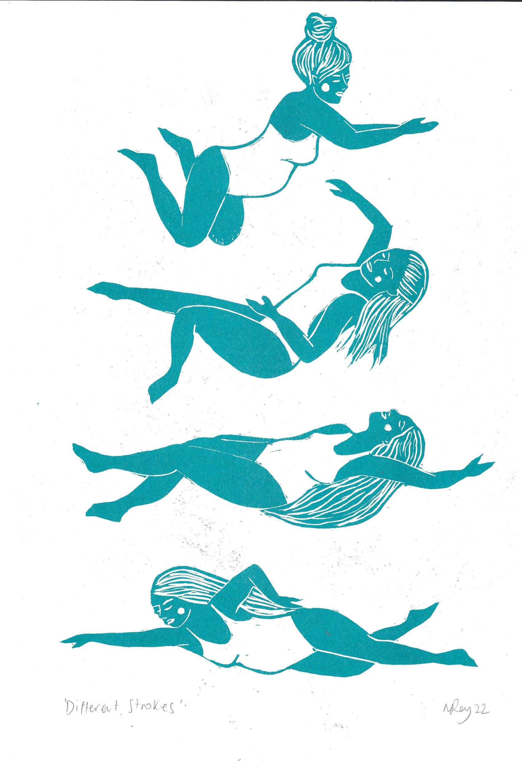 Different Strokes riso print, swimming, wild swimming art