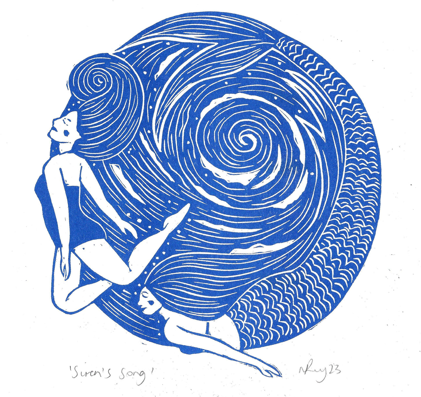 Siren's Song riso print, mermaid, folklore, swimming, wild