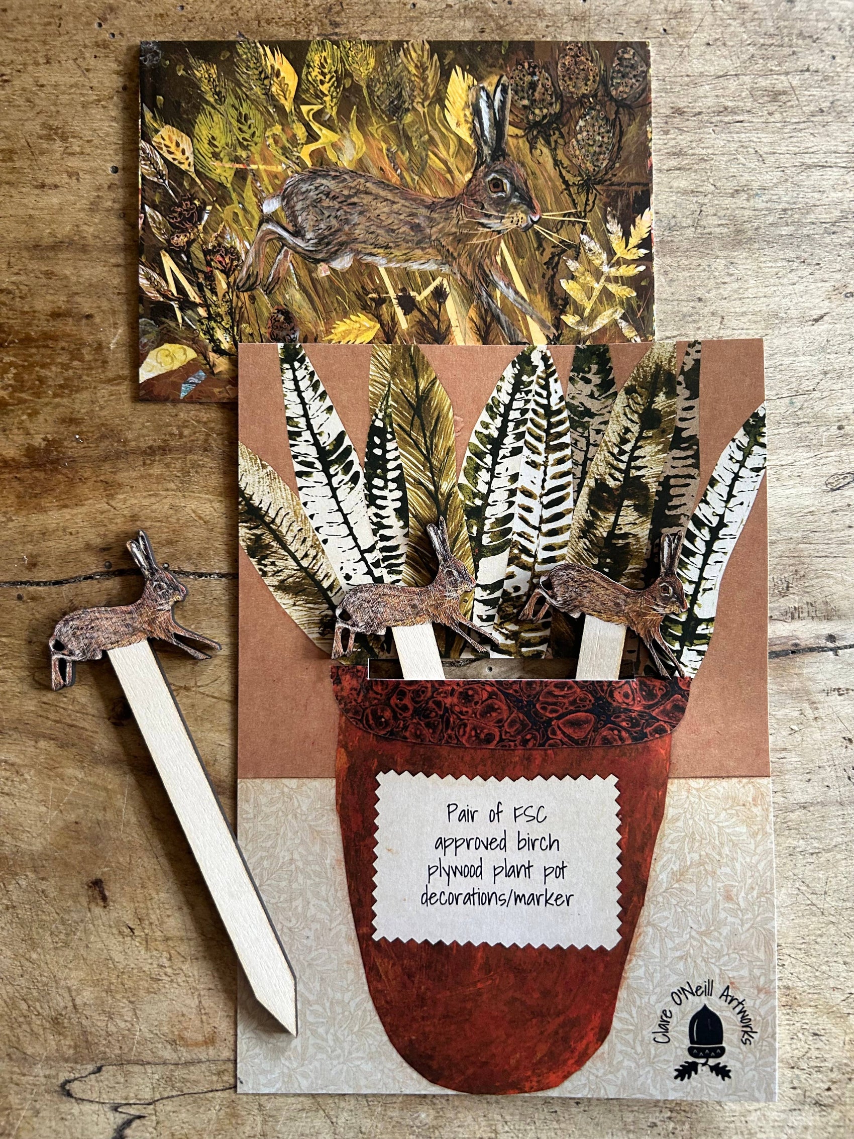 Pair of birch plywood Hare pot decorations/marker 