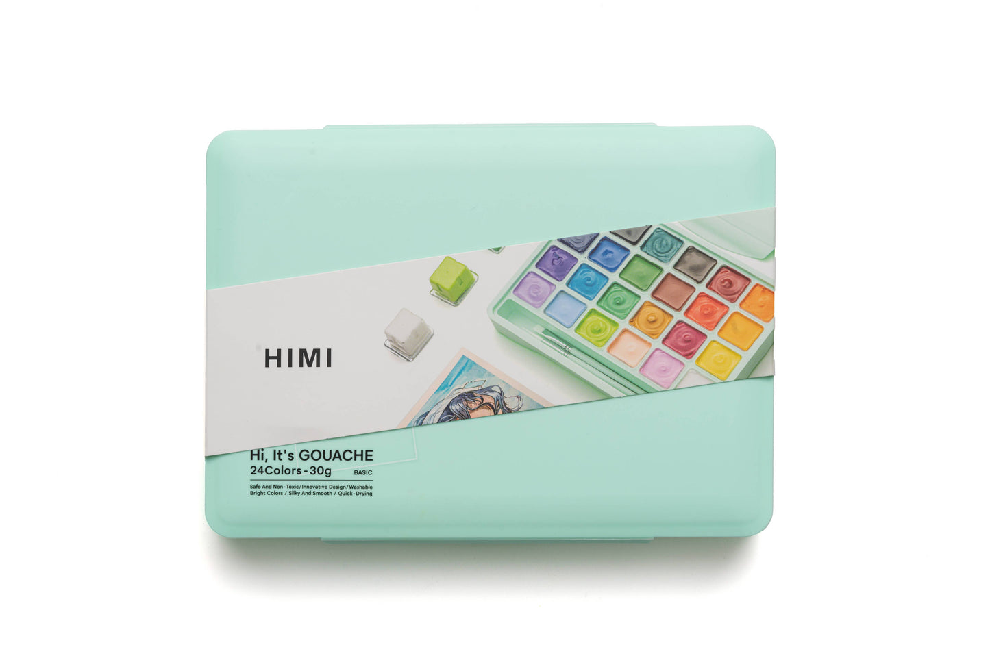 HIMI Jelly Cup Gouache Set 24 Paint Colours, 3 Brushes Green