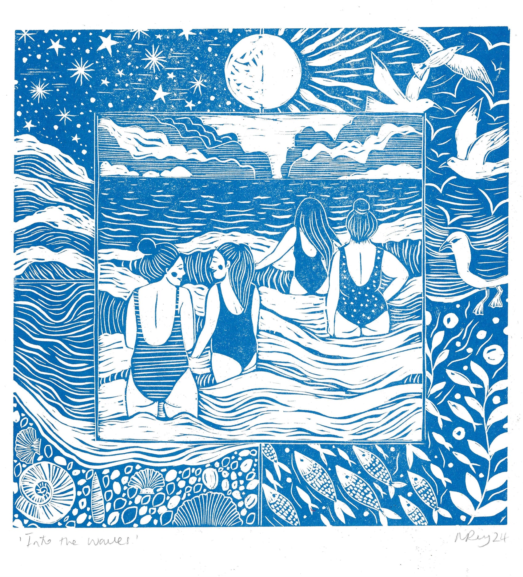 Into the Waves riso swimming, seaside, friends, ocean, blue