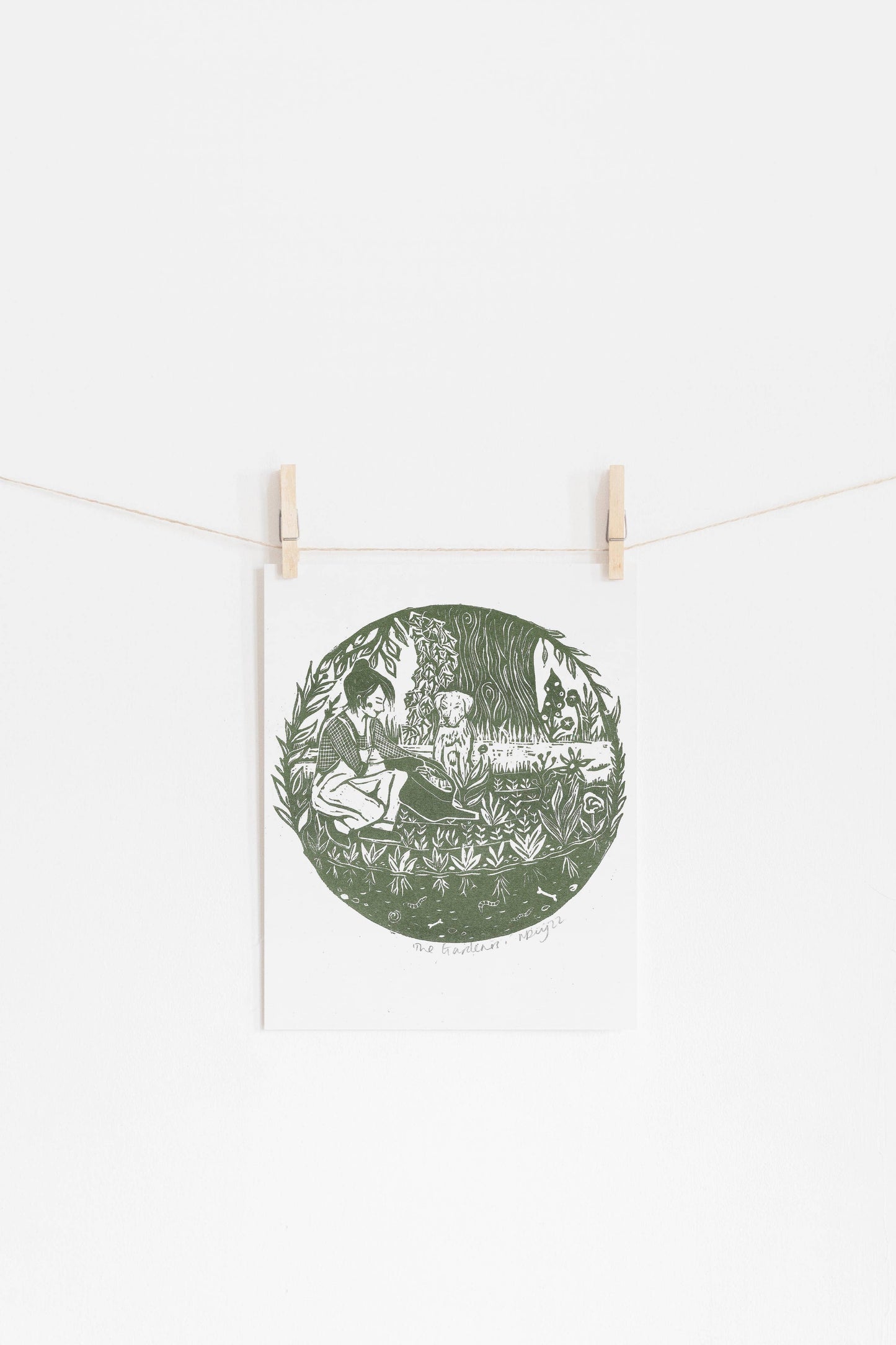 The Gardeners riso print, gardening, dog art, garden, nature