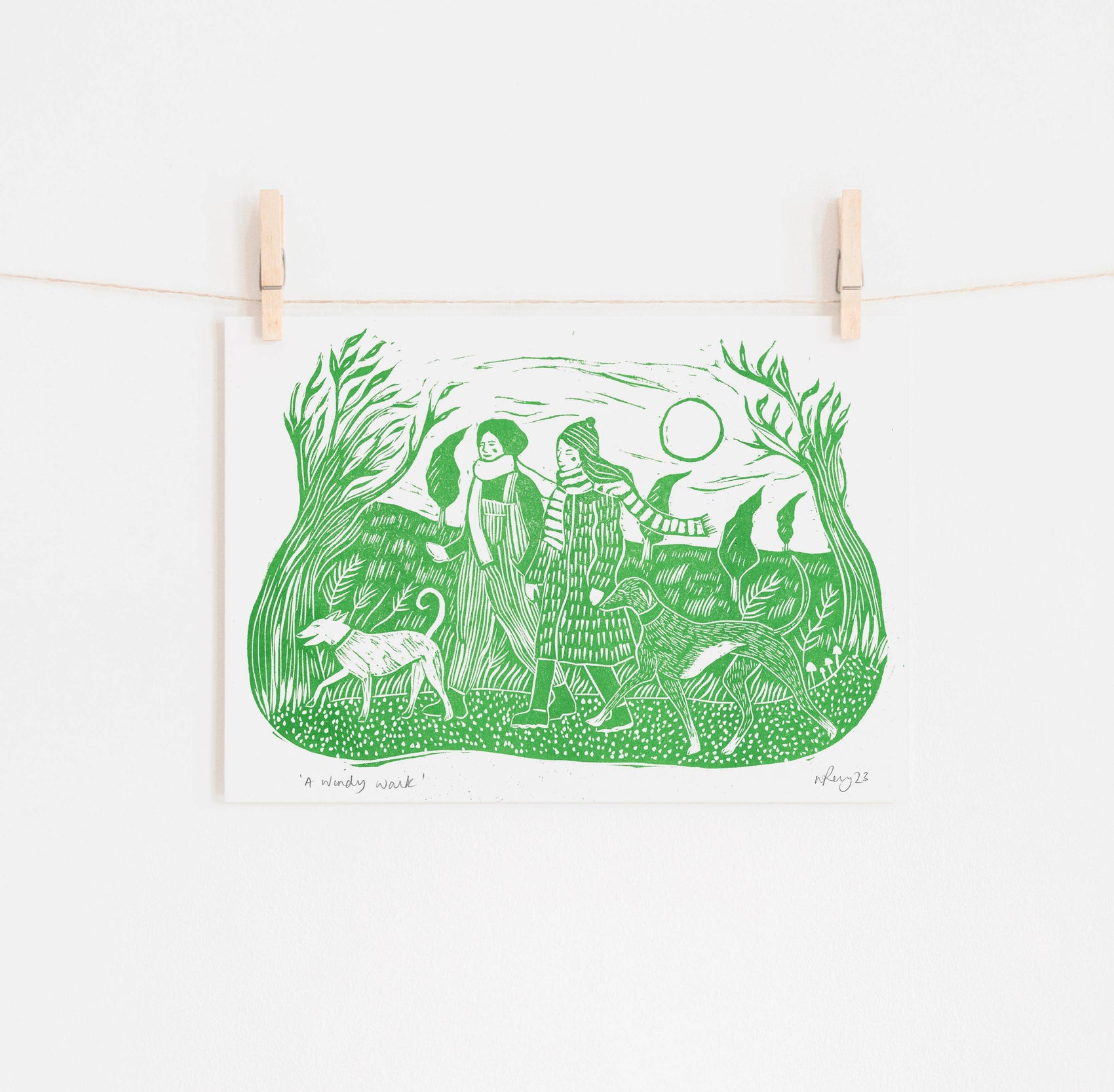 'A Windy Walk' riso print, dog art, autumn dog walk scene