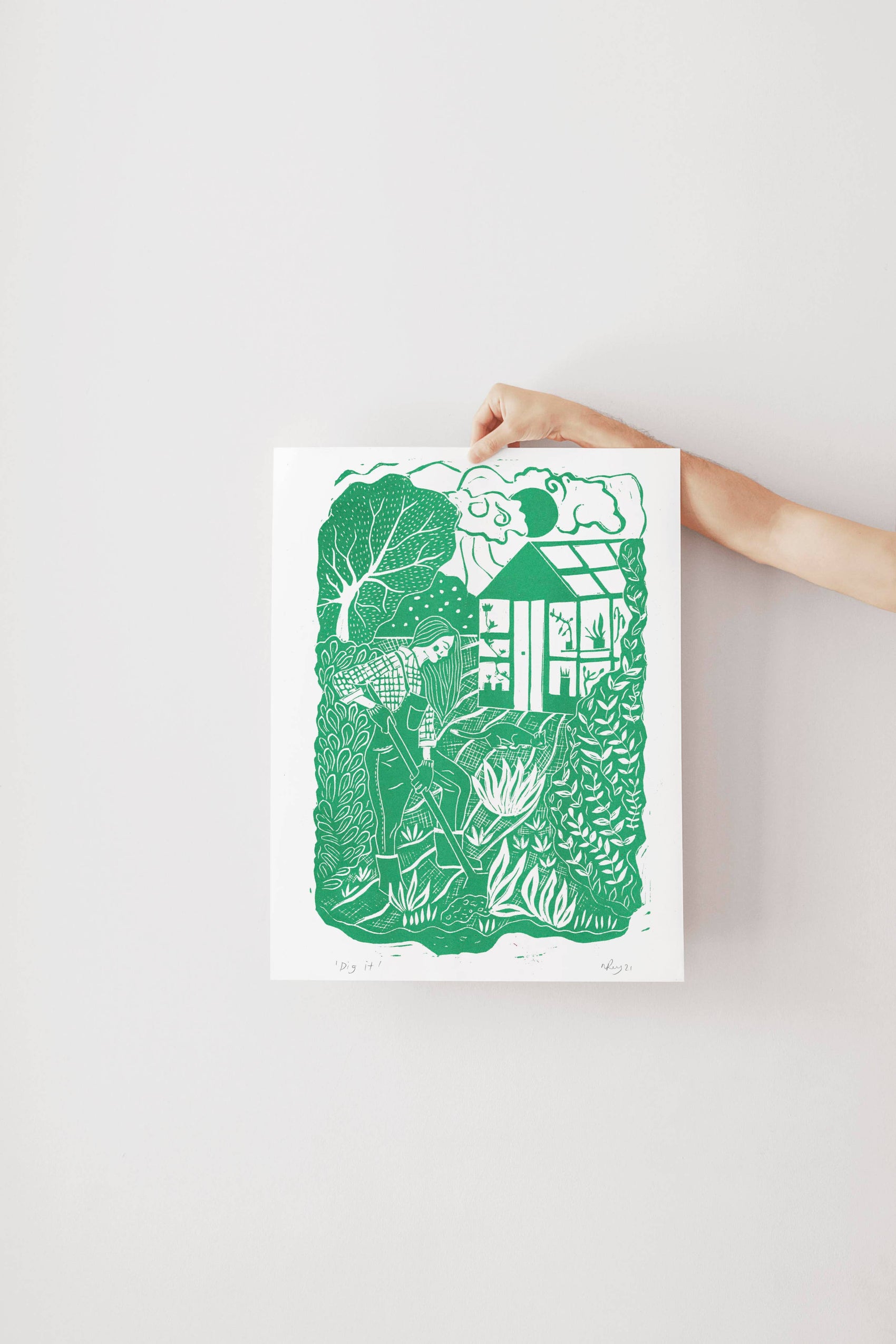 Dig It riso print, gardening art, woman gardening, cat print