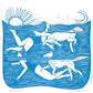 Paddlers riso print, dog art, swimming, doggy paddle, woman