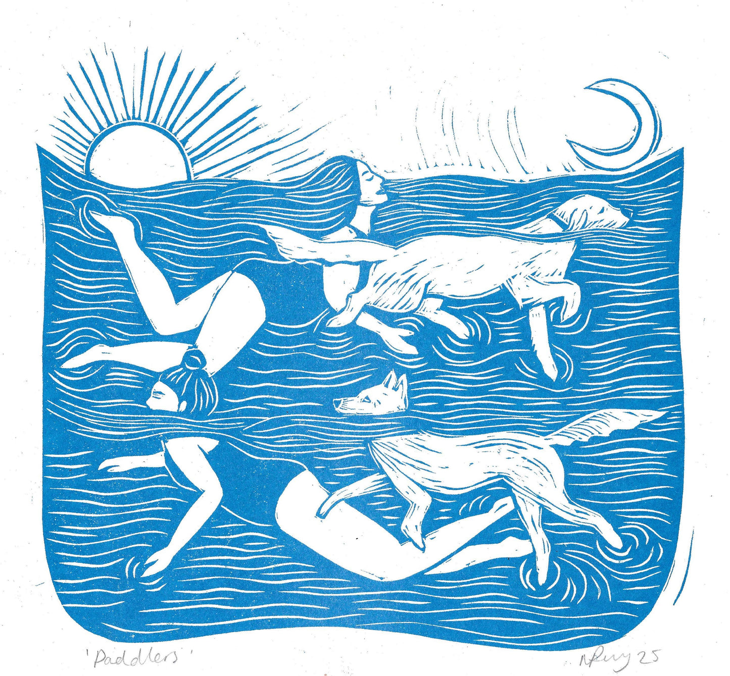 Paddlers riso print, dog art, swimming, doggy paddle, woman