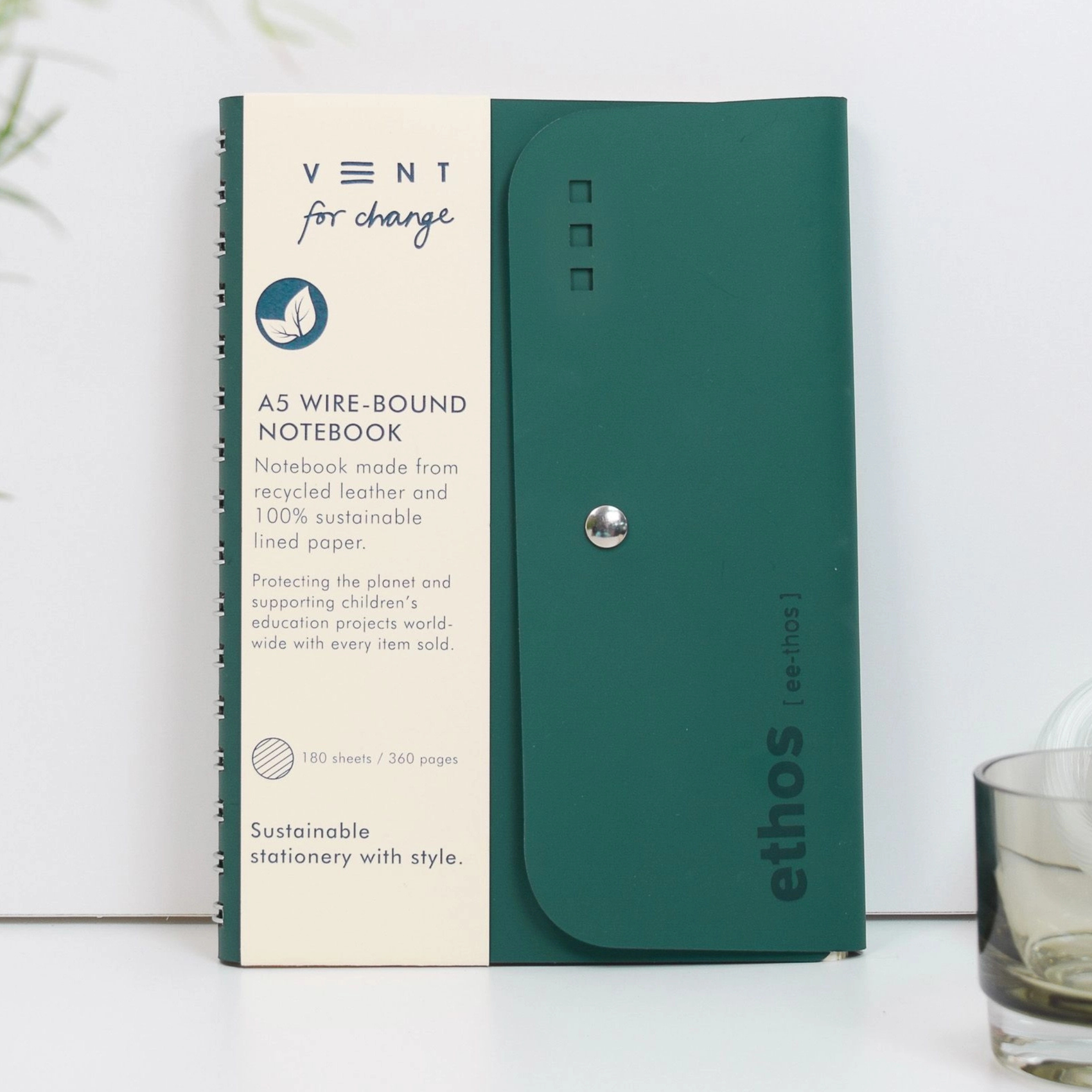 A5 recycled leather wire-bound folio - ETHOS Emerald Green
