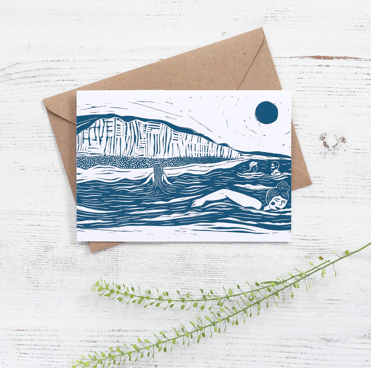 Swim the Bay greeting card, coastal, beach, swimmers, sea