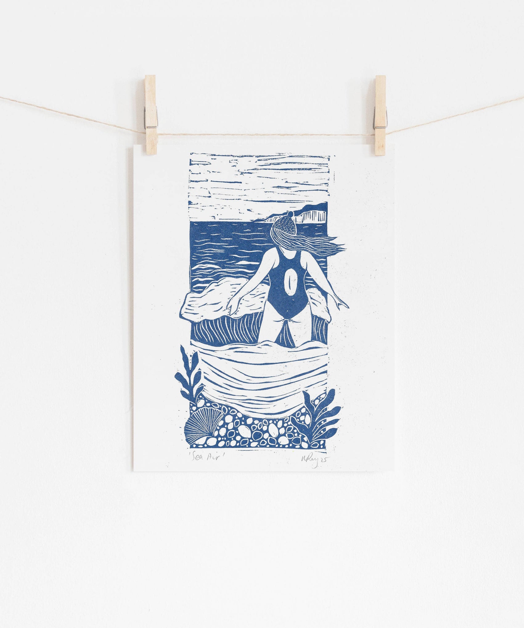 Sea Air riso print, swimmer, sea swim, windy, nature, woman