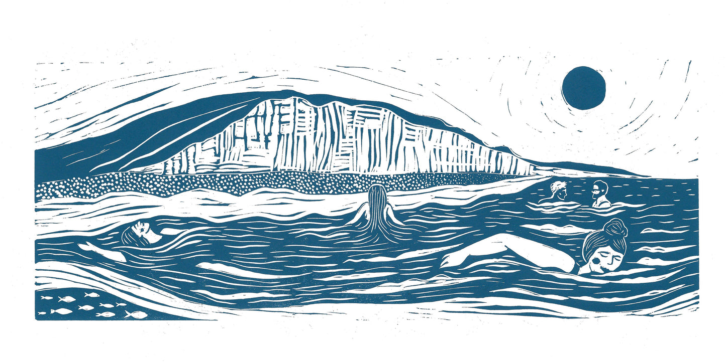 Swim the Bay greeting card, coastal, beach, swimmers, sea